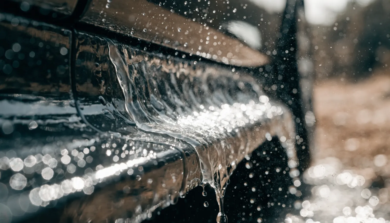 Close-up of a lower door and rocker panel showing road film and water sheeting off a coated surface