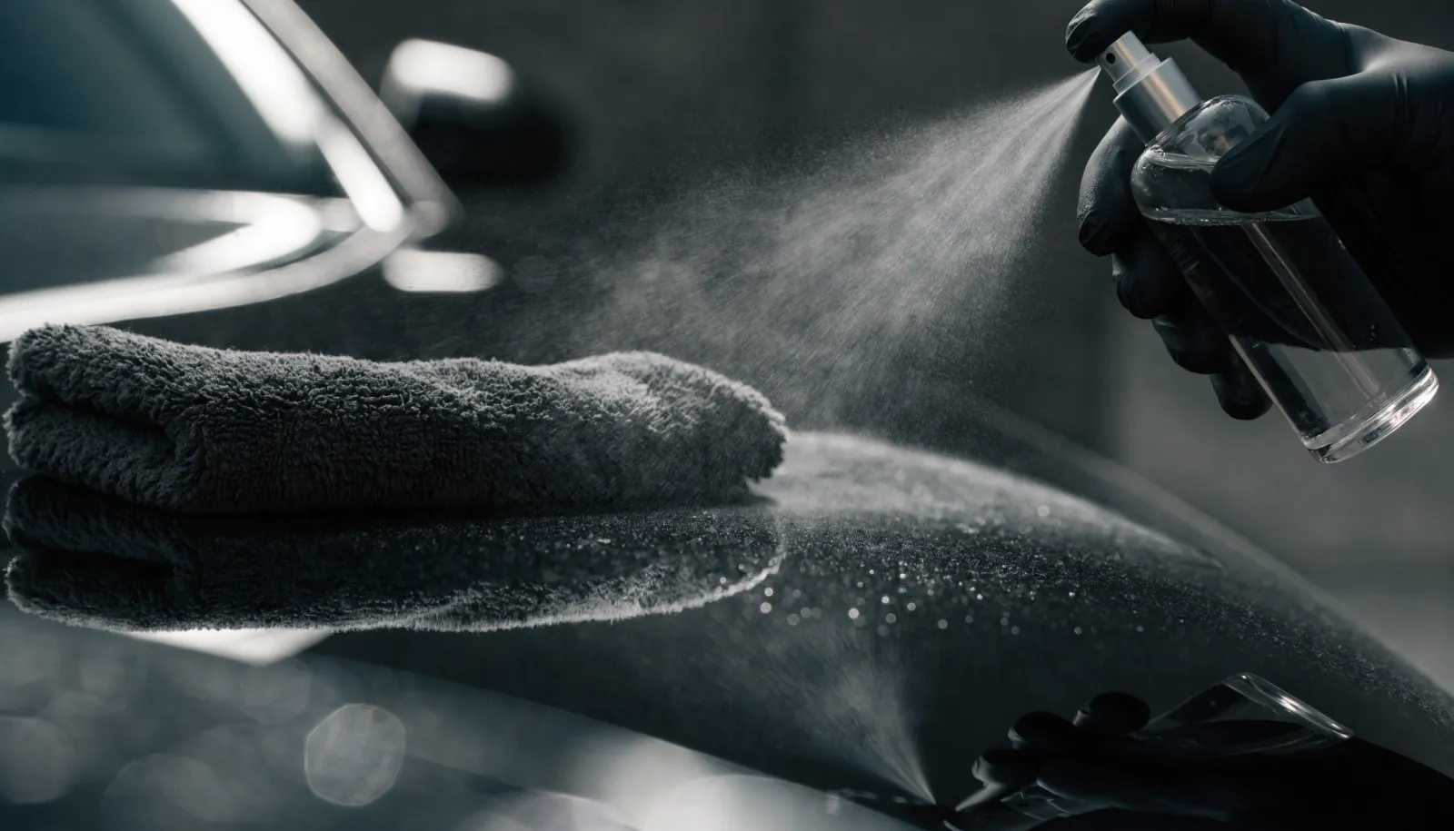 Gloved hand applying a liquid coating booster to a glossy black panel with a folded microfiber towel