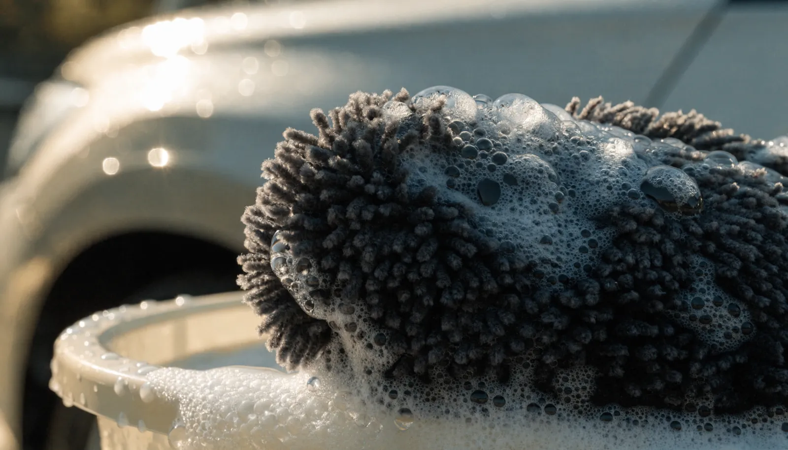 Plush wash mitt resting on the edge of a soapy bucket beside a clean glossy fender