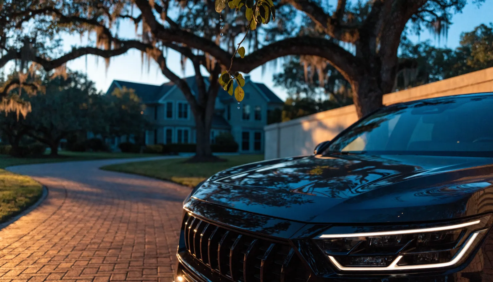 Luxury SUV parked in a brick-paved driveway beside mature live oak trees at dusk