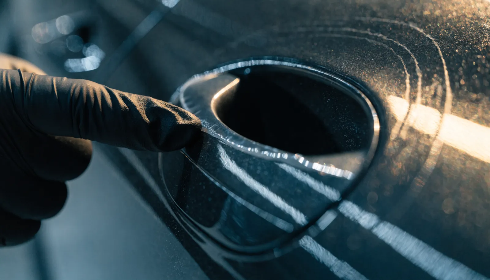 Close-up of a film-covered door handle cup on a glossy car door showing fine scratches around the recess