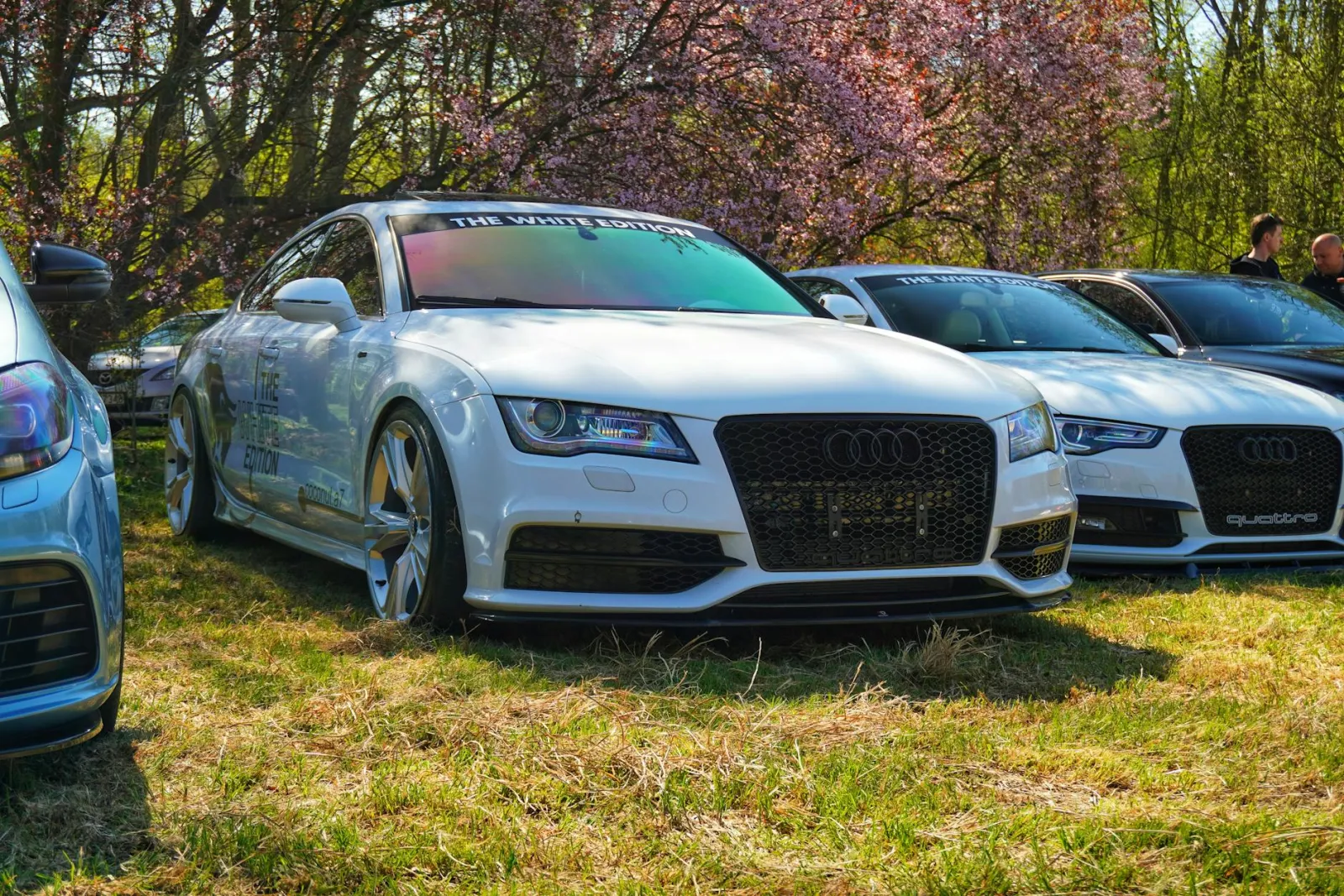 White sedan with clear paint protection film applied to the front hood and bumper