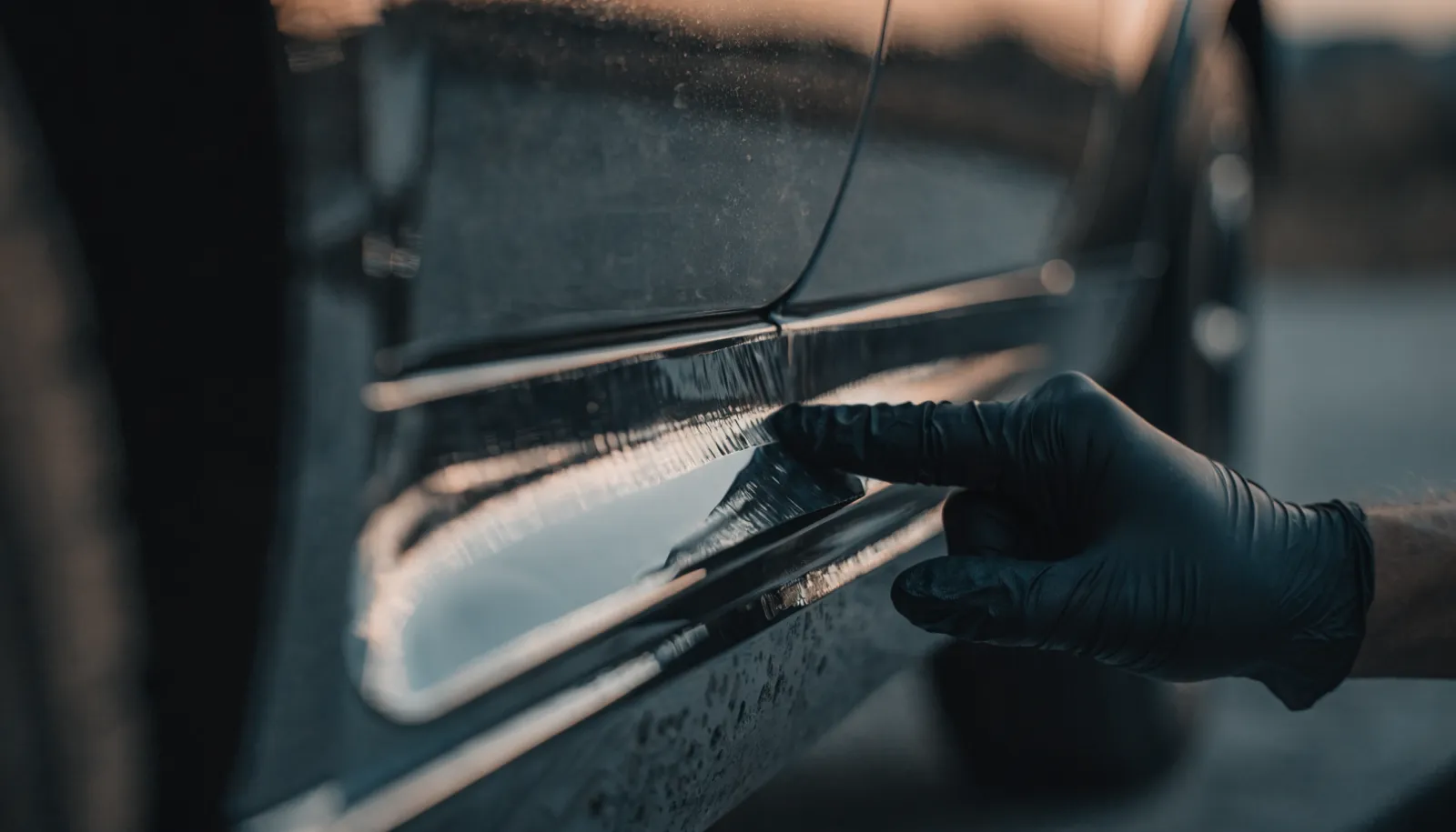 Close-up of the lower rocker panel and rear wheel arch of a dark car showing fine stone-chip damage
