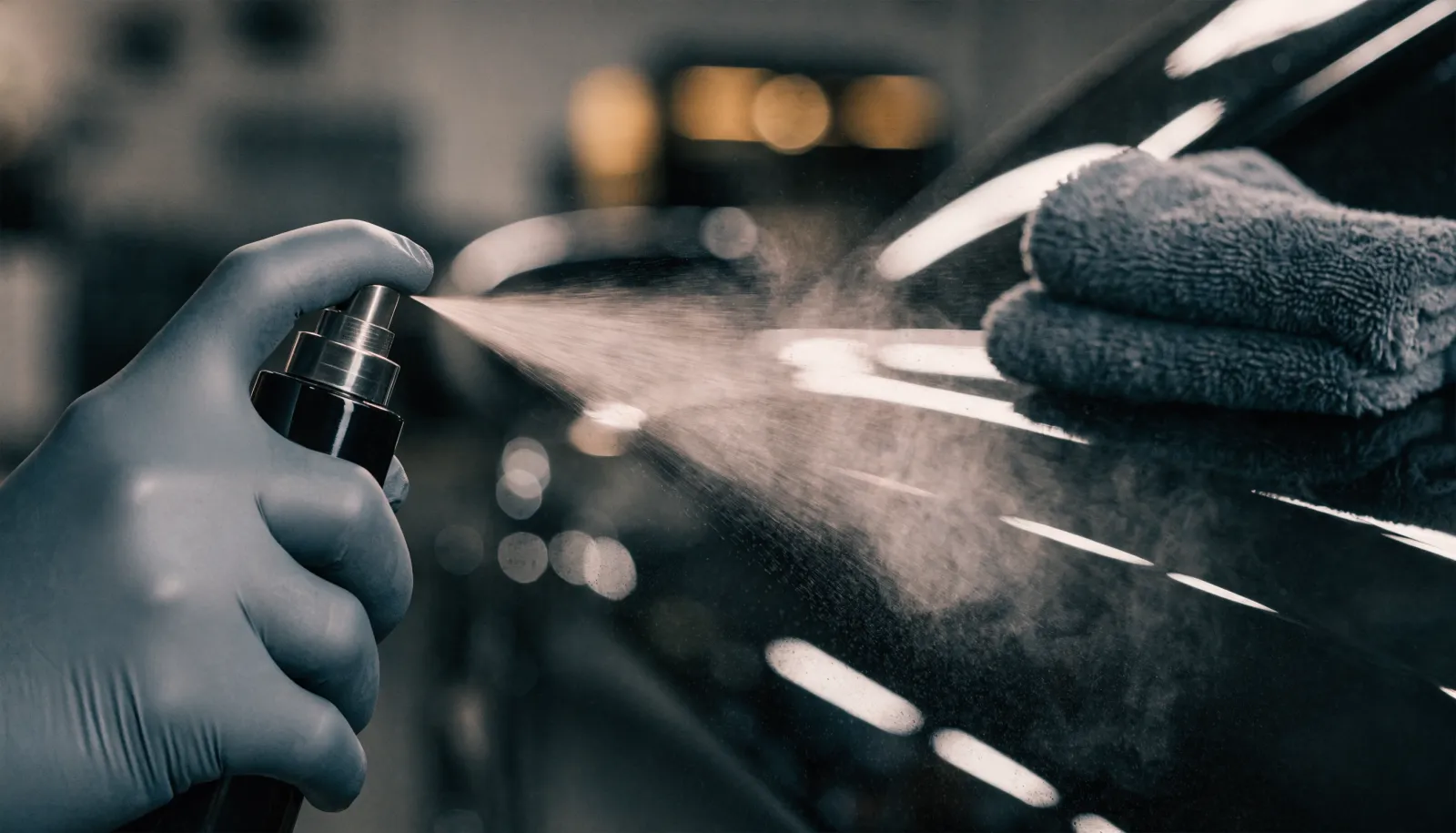 Gloved hand misting a spray product onto a glossy car panel with a folded plush towel