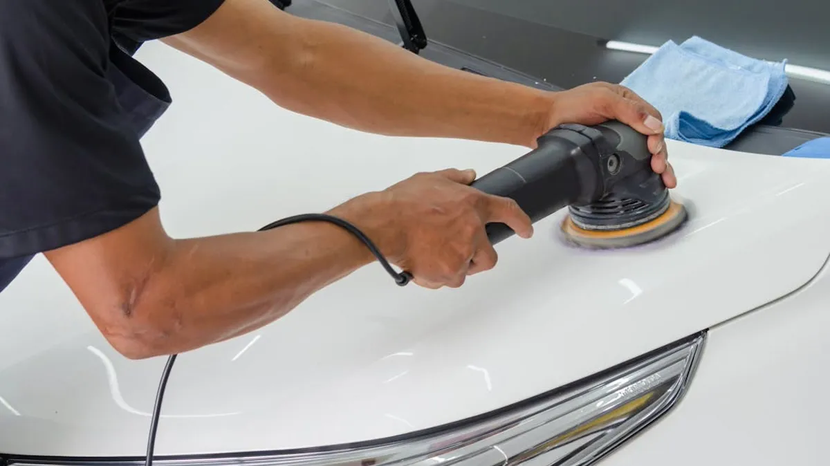 Detailer inspecting vehicle paint under bright lighting to assess swirl marks and clear coat condition in Tomball TX