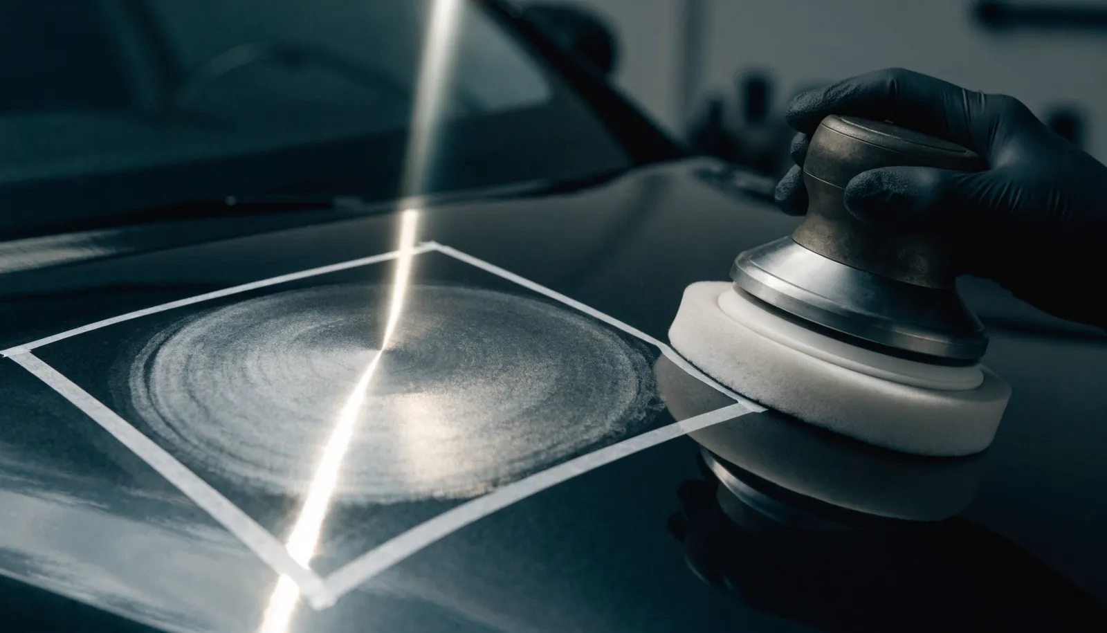 Detailer working a small test section on a dark hood under a single bright light
